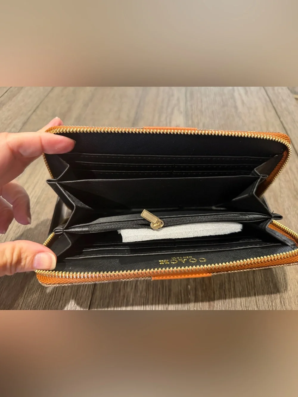 Brown Signature Canvas Wallet with Orange Leather Strap and Gold C